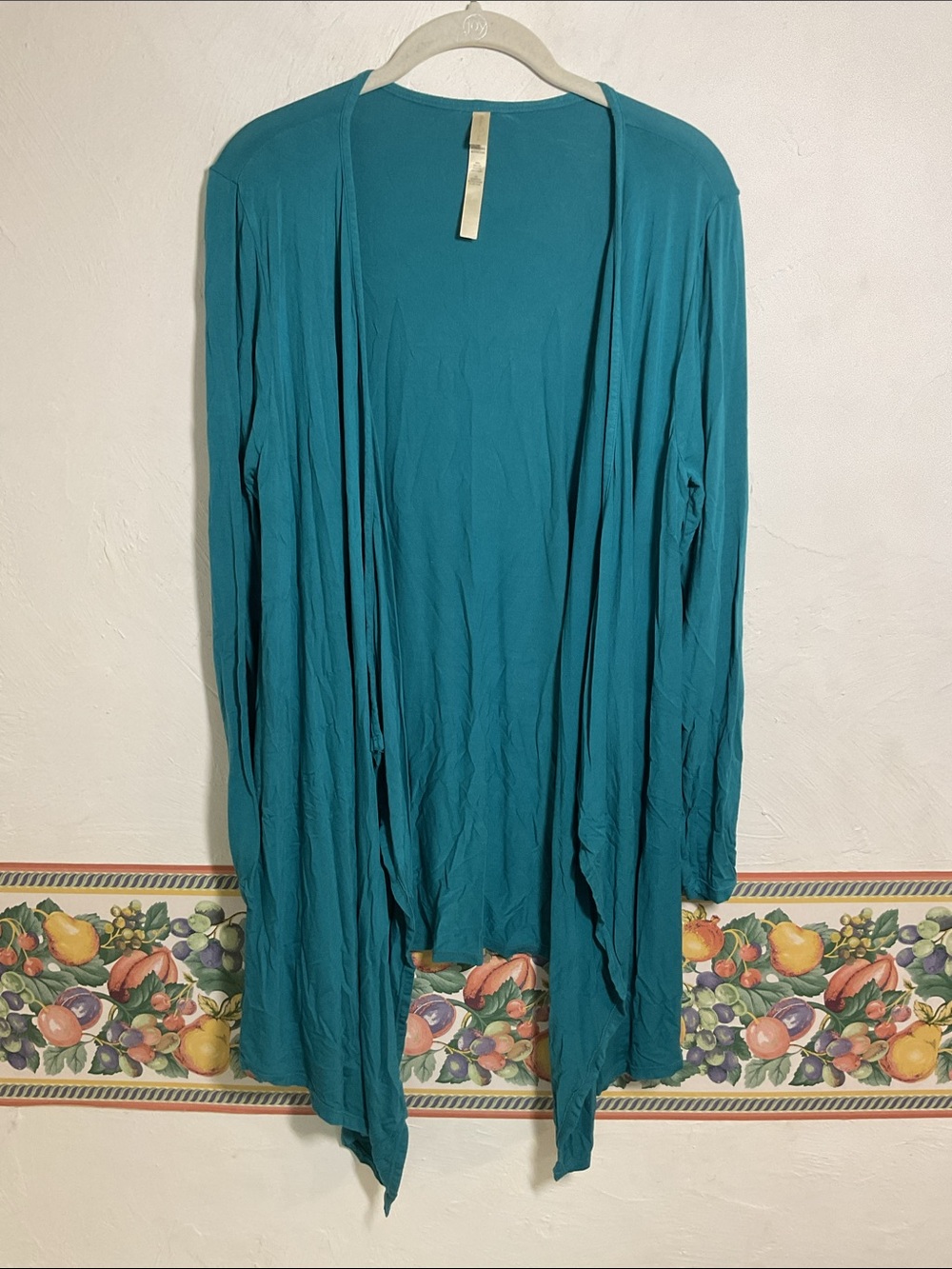 Rhonda Shear Teal Blue Open Front Drape Waterfall Cardigan Size M/L